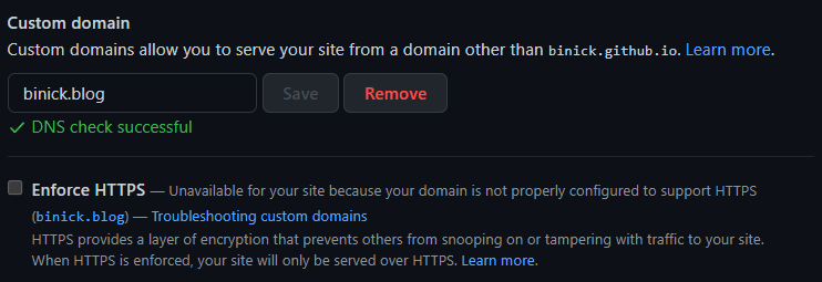 Depiction of Pages section in GitHub settings reporting inability to enable HTTPS.